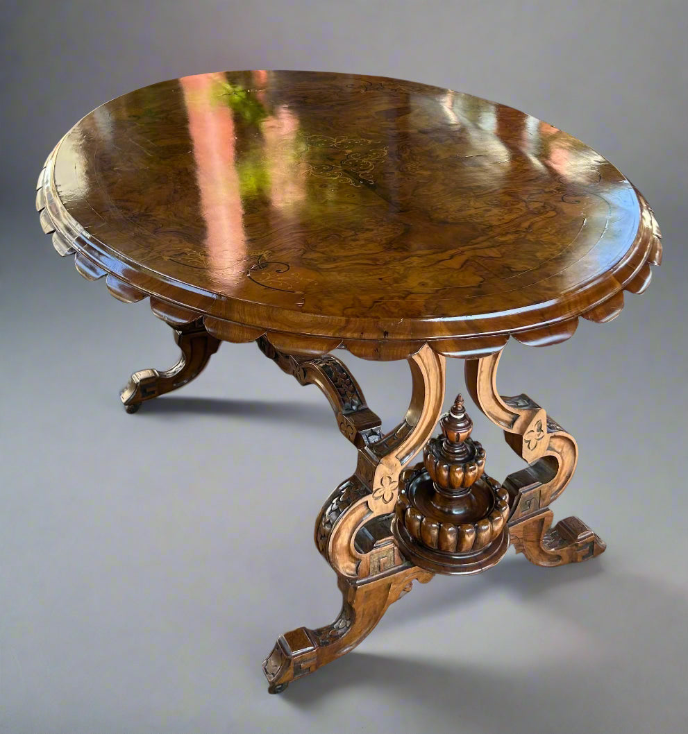 Victorian inlaid burr walnut oval Centre Table