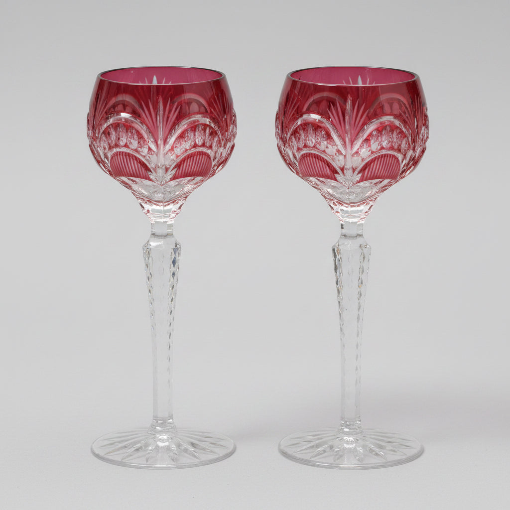 Pair Hungarian finely cut crystal cranberry Coloured Hock Glasses
