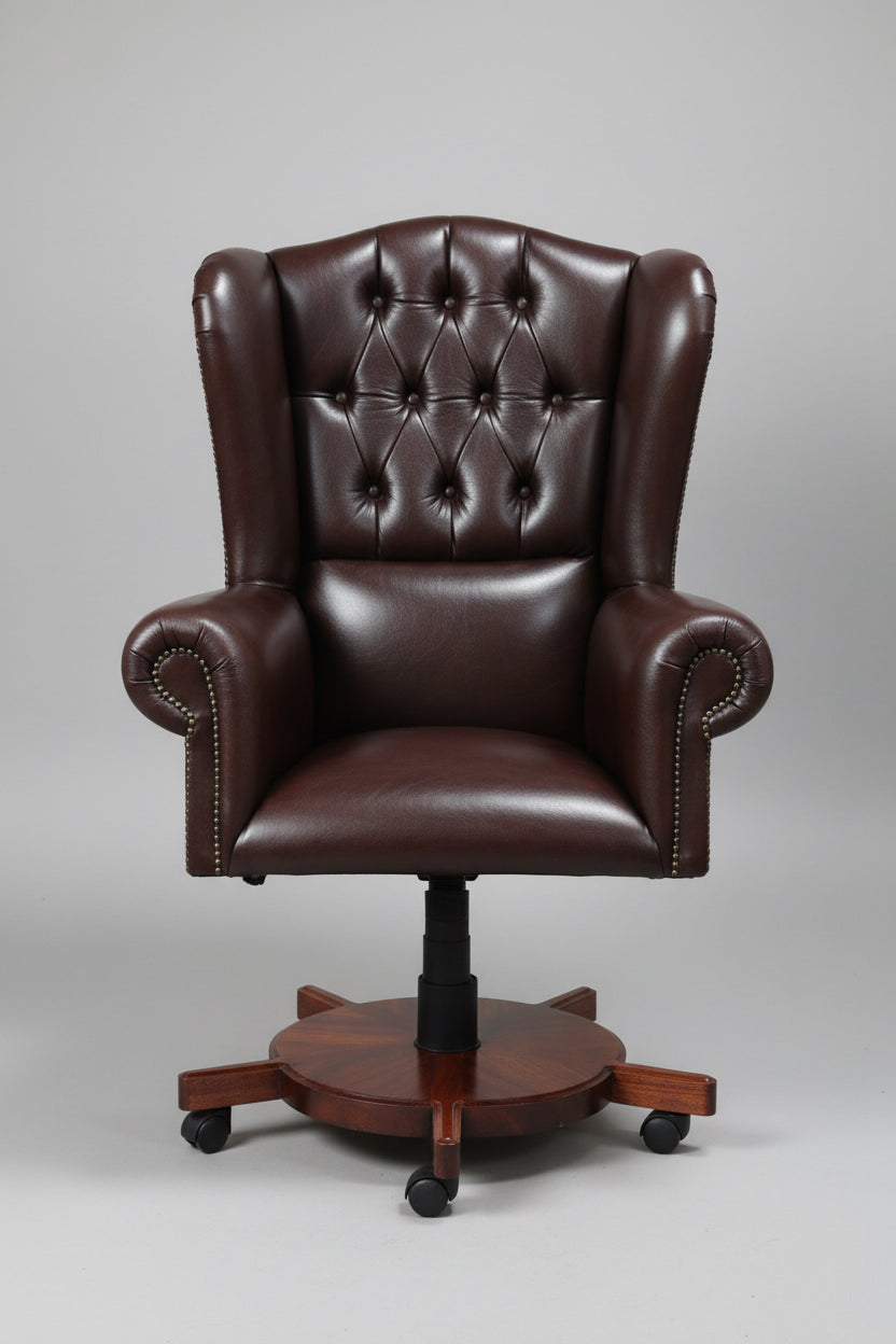 Fine leather chesterfield style Executive Office Chair, on mahogany base