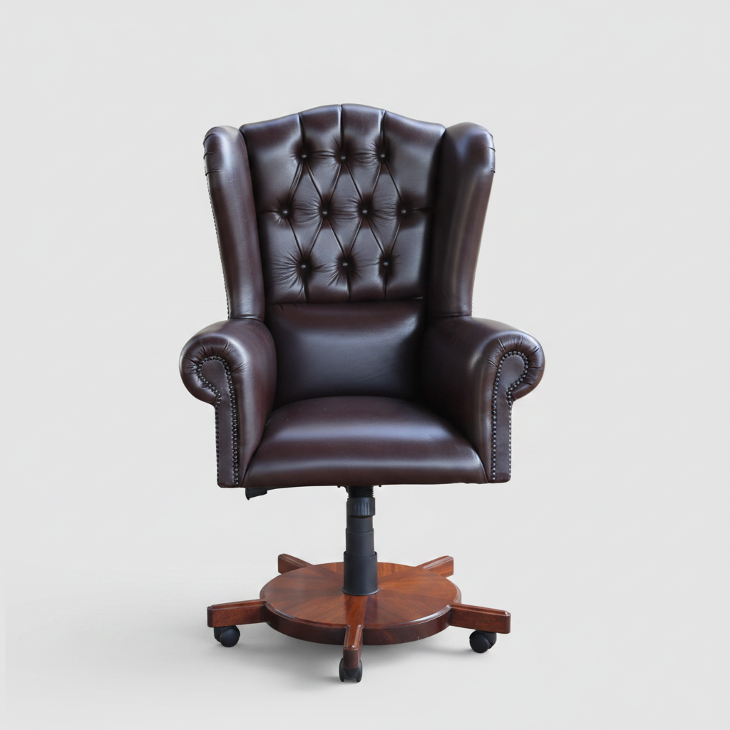 Fine leather chesterfield style Executive Office Chair, on mahogany base