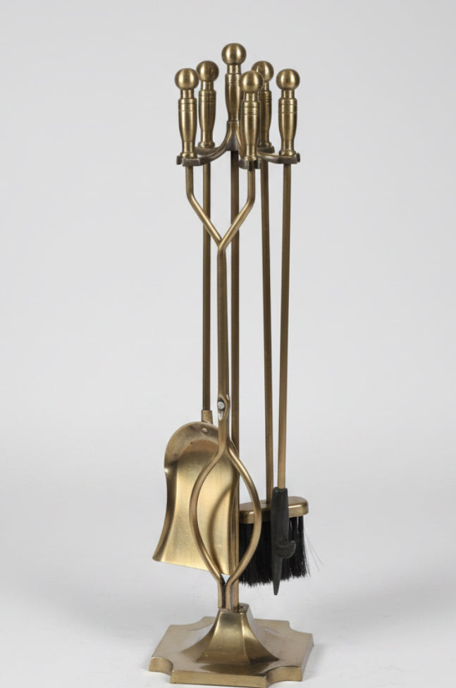 Antiqued brass metal Fire Irons on Stand