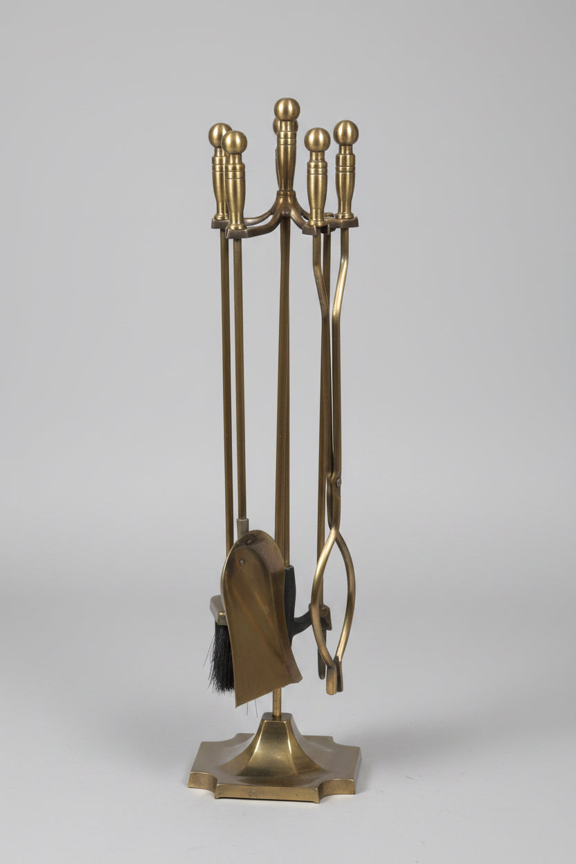Antiqued brass metal Fire Irons on Stand