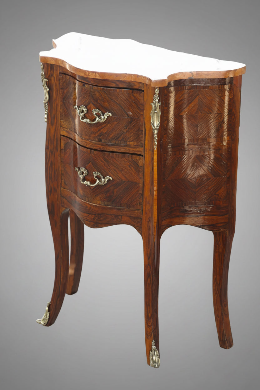 Early 20th Century French Louis XV Marquetry Marble Top Pedestal/Nightstand