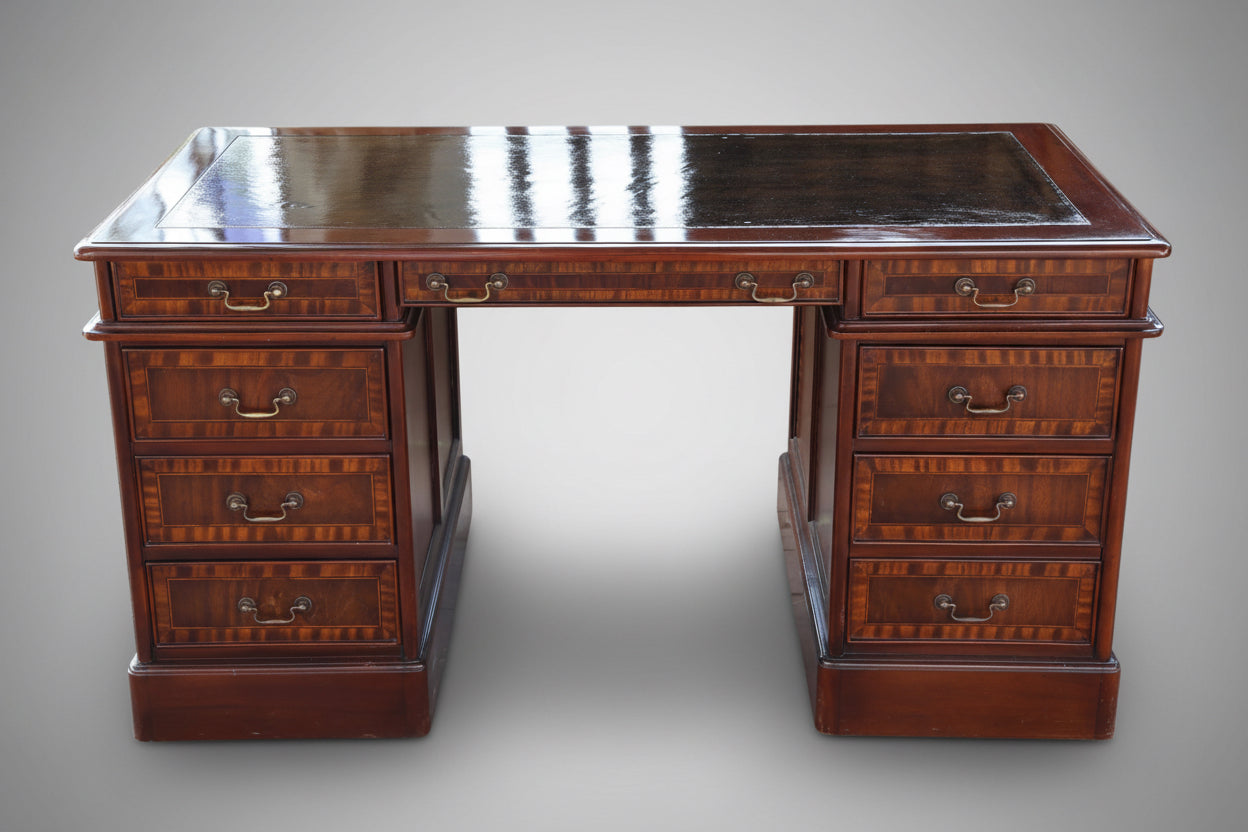 Leather topped inlaid mahogany Pedestal Desk
