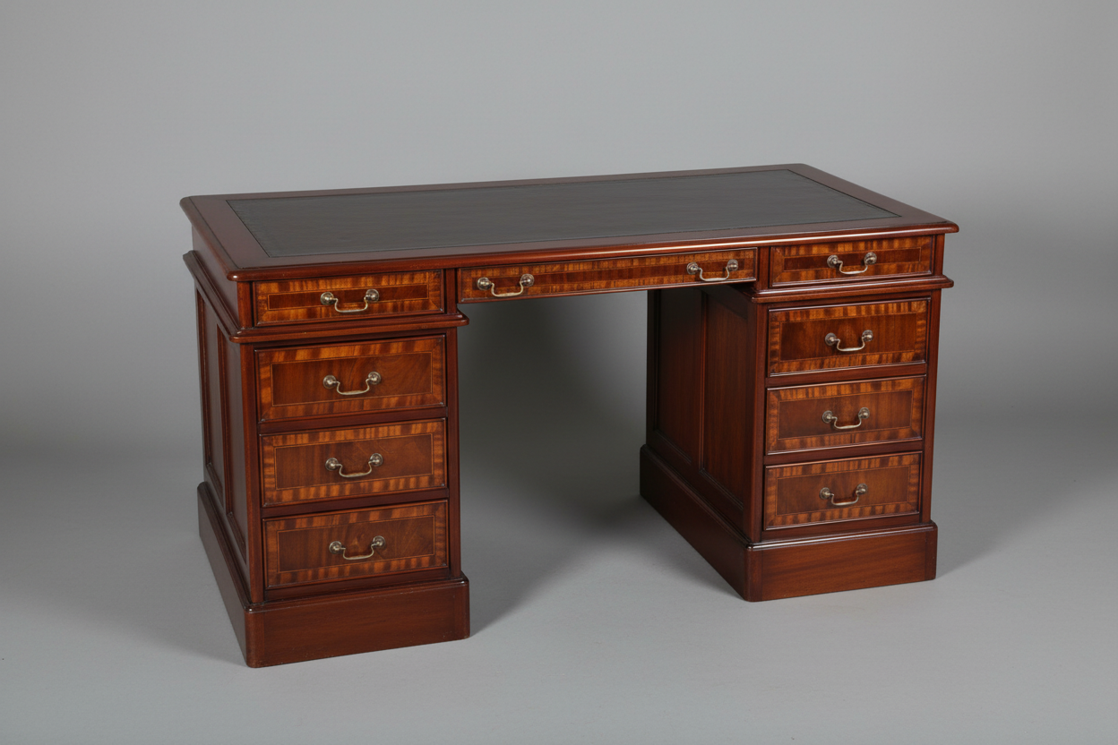 Leather topped inlaid mahogany Pedestal Desk