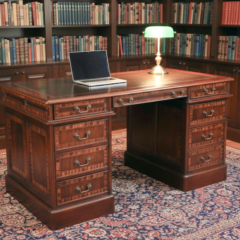 Leather topped inlaid mahogany Pedestal Desk