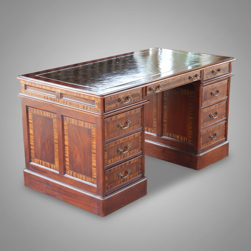 Leather topped inlaid mahogany Pedestal Desk