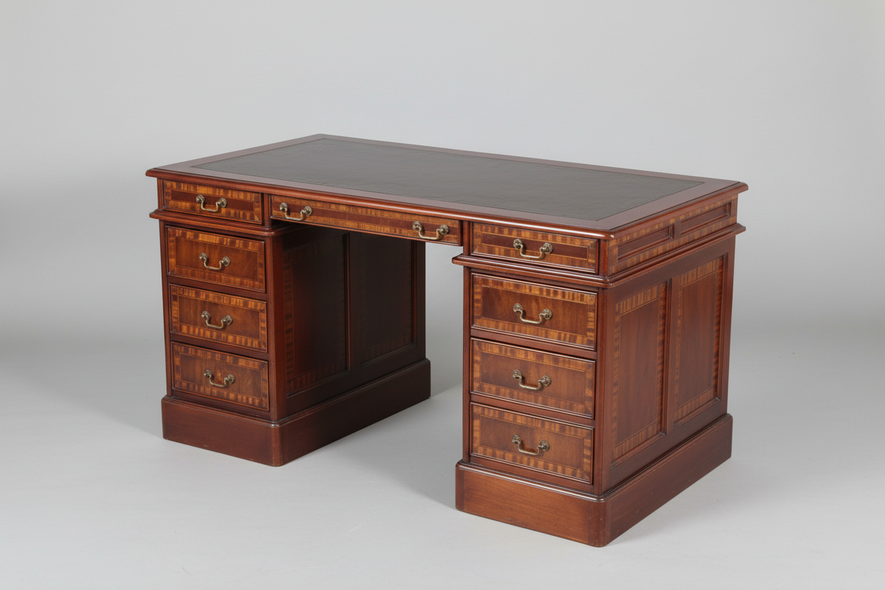 Leather topped inlaid mahogany Pedestal Desk