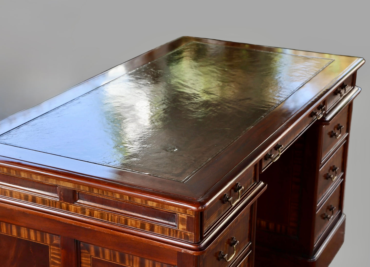 Leather topped inlaid mahogany Pedestal Desk