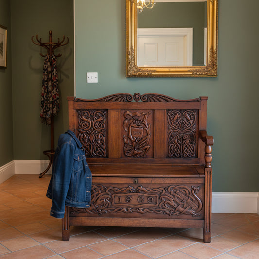 Edwardian carved teak Monk's Bench, dated 1908