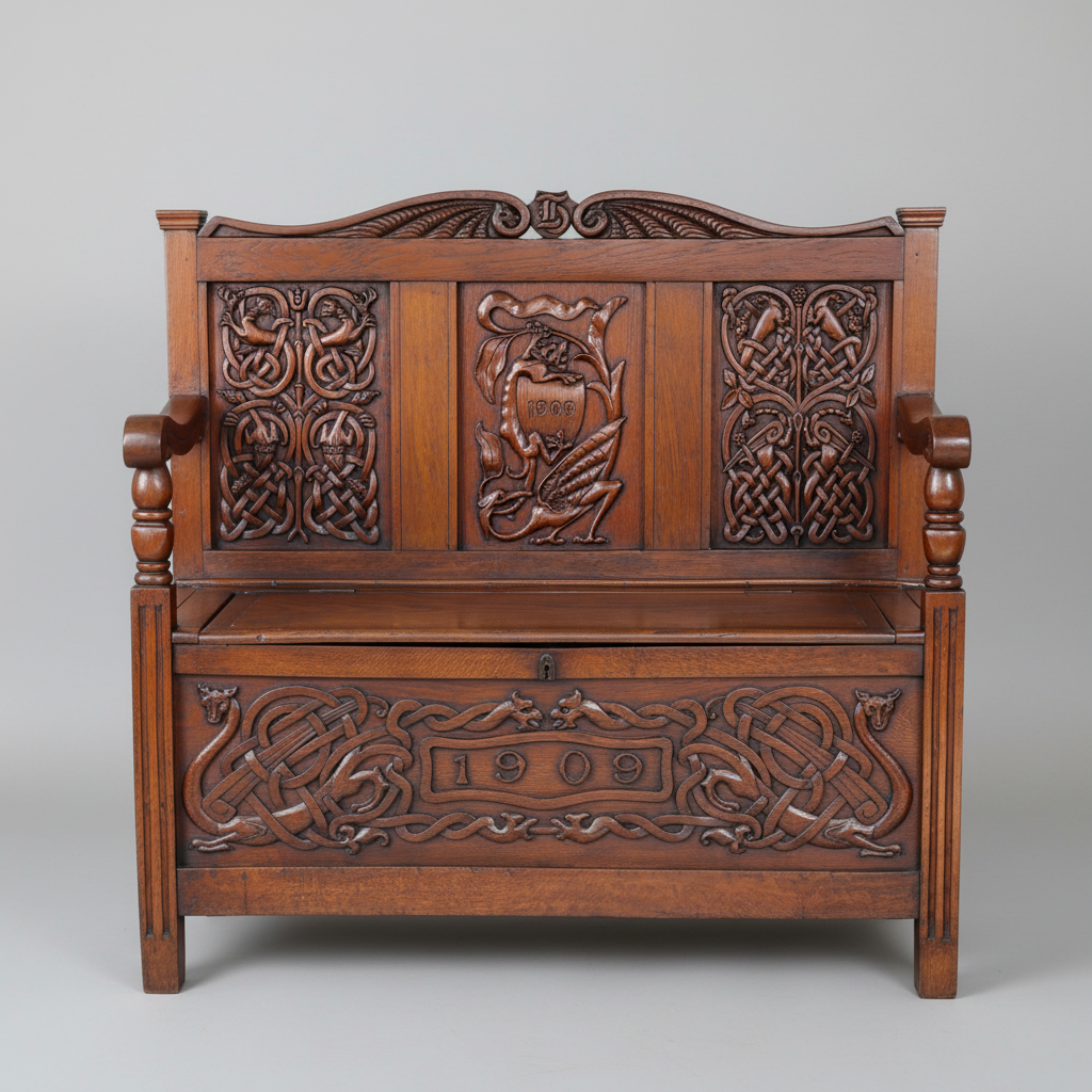 Edwardian carved teak Monk's Bench, dated 1908
