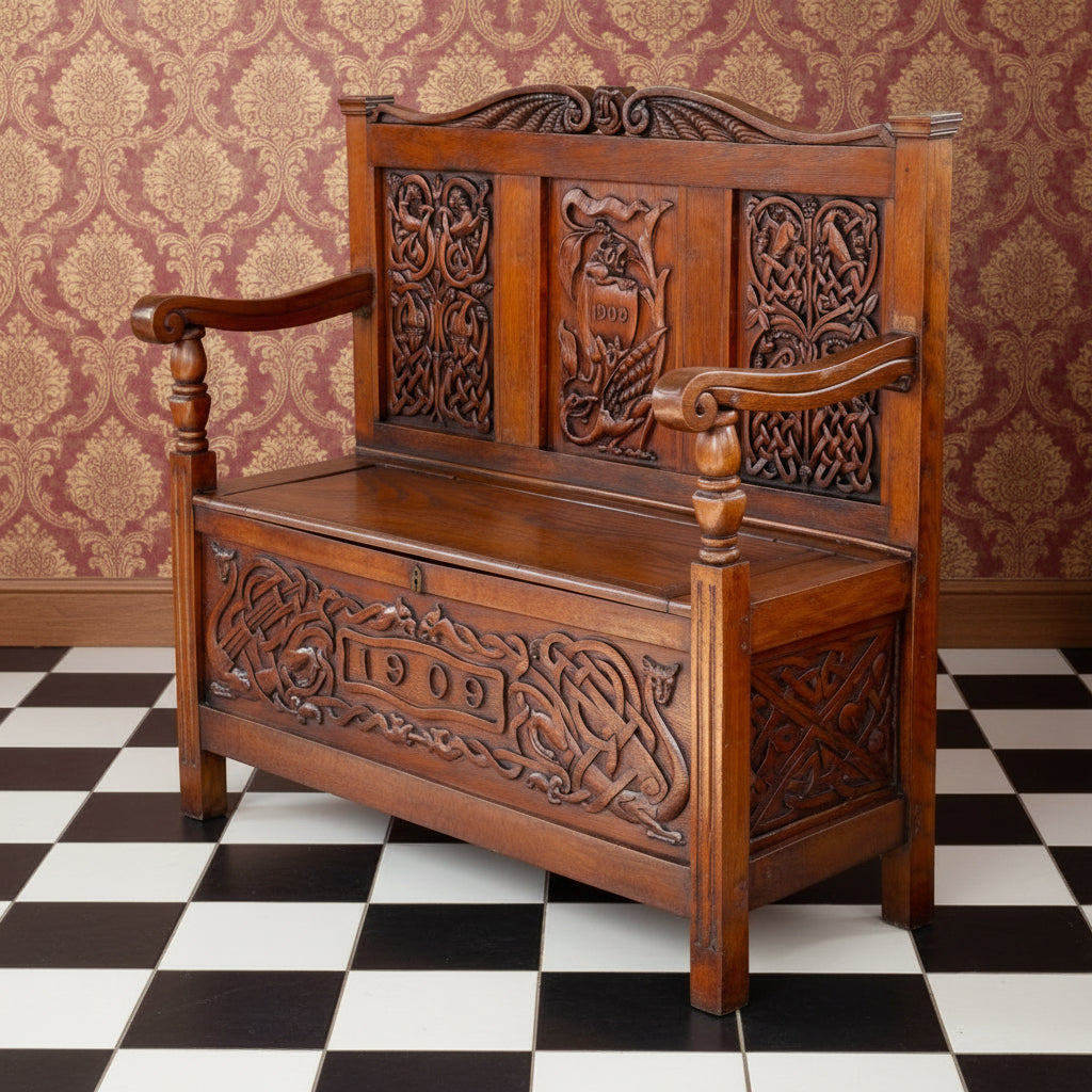 Edwardian carved teak Monk's Bench, dated 1908