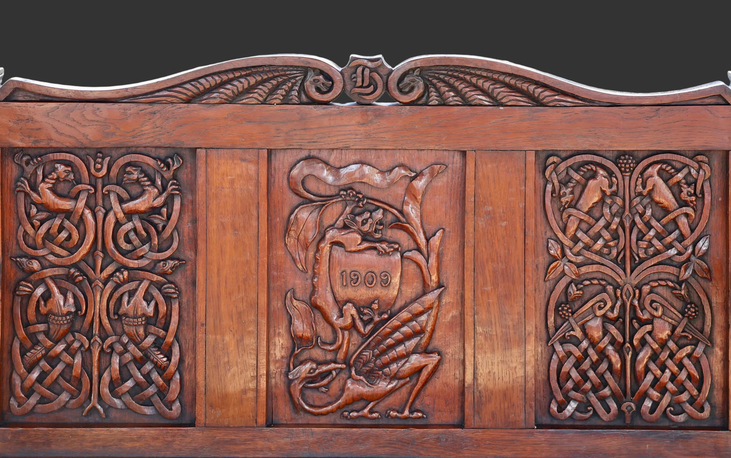 Edwardian carved teak Monk's Bench, dated 1908