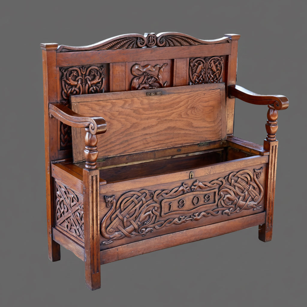 Edwardian carved teak Monk's Bench, dated 1908