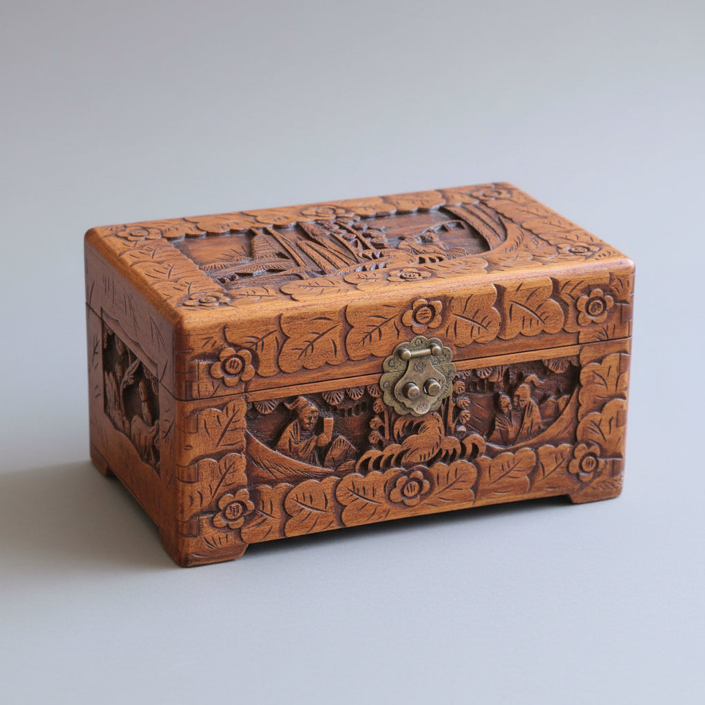 1920/30's Carved camphor wood Jewellery/Deed Box