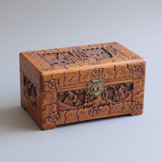 1920/30's Carved camphor wood Jewellery/Deed Box