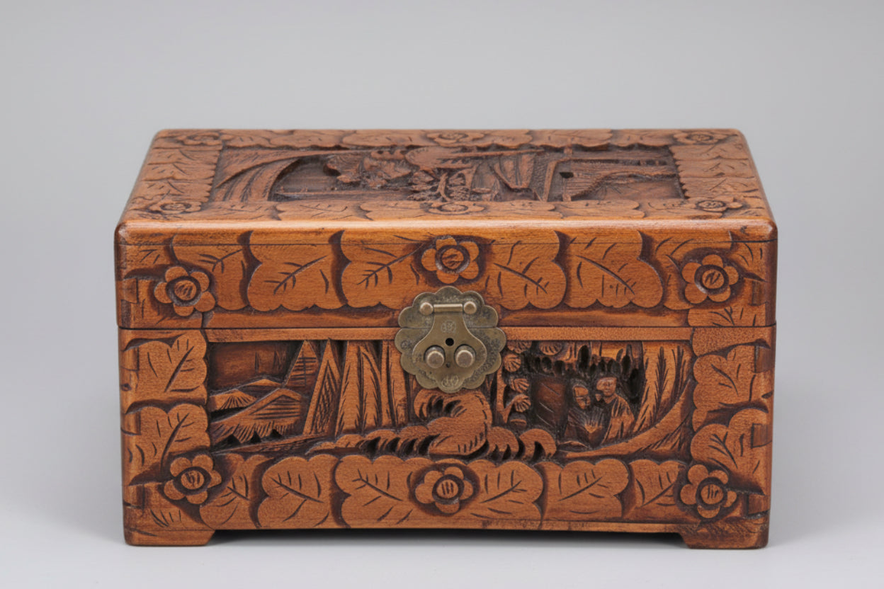 1920/30's Carved camphor wood Jewellery/Deed Box