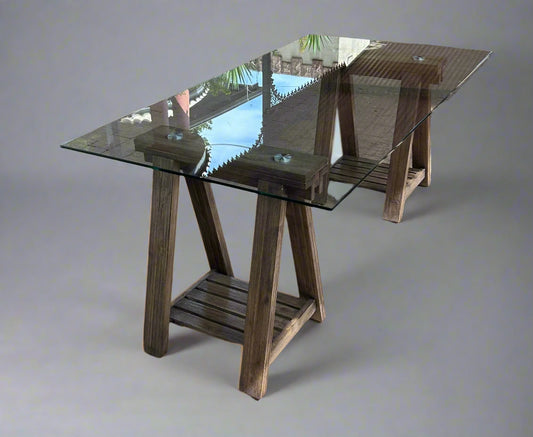 Oak glass topped Trestle Table