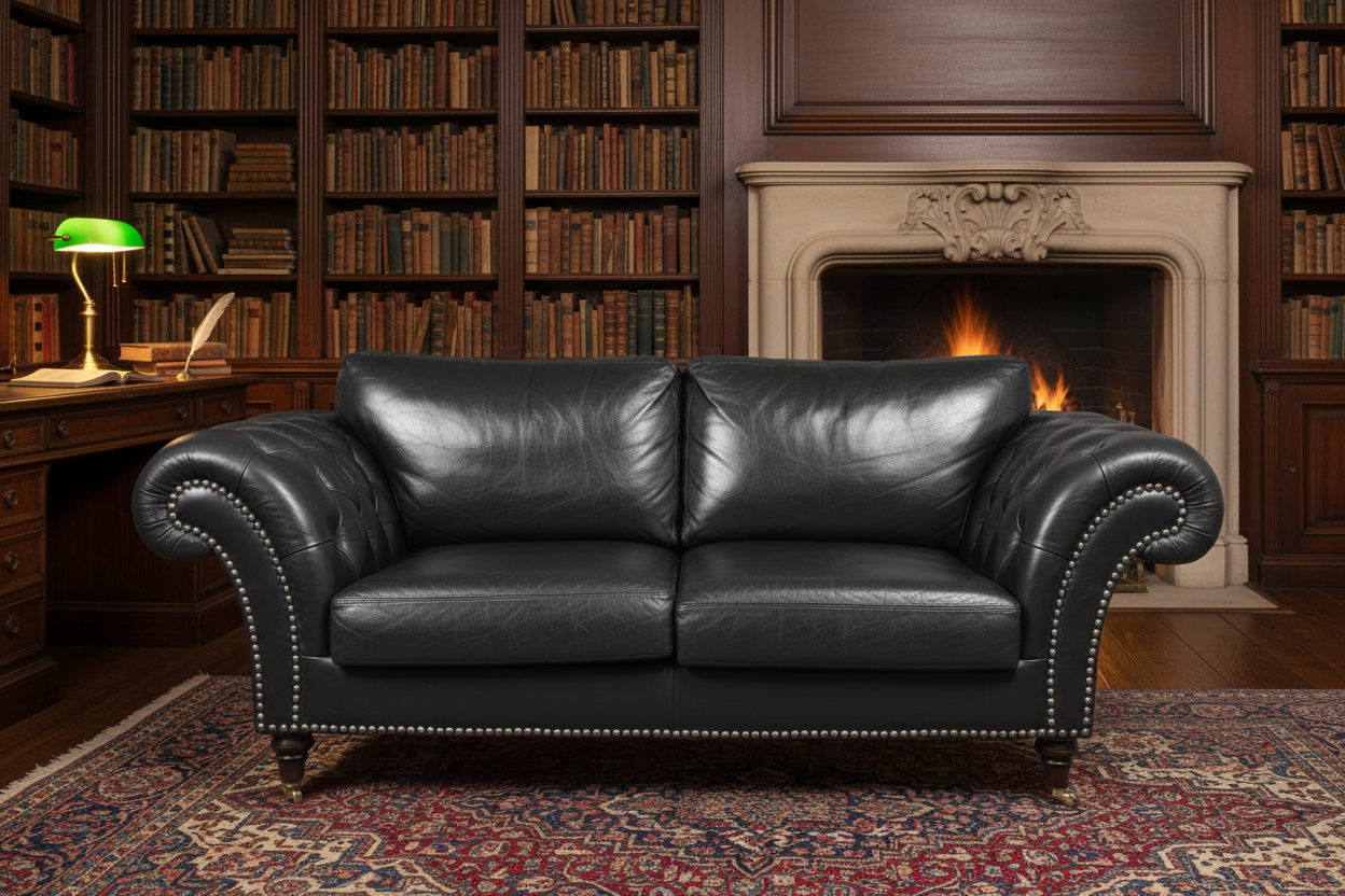 Black leather Chesterfield style Sofa