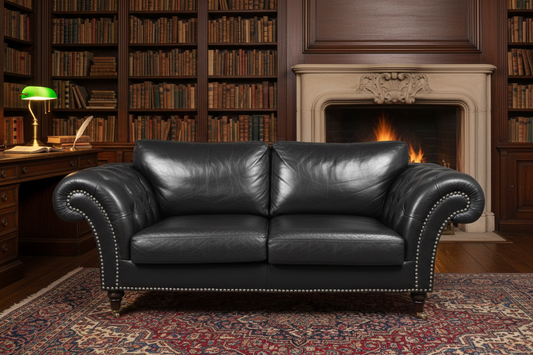 Black leather Chesterfield style Sofa