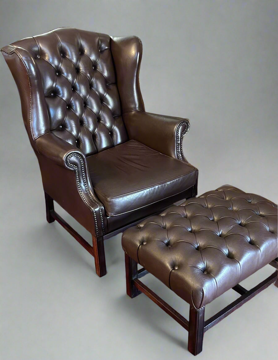 Georgian style Leather Wingback Armchair and Ottoman