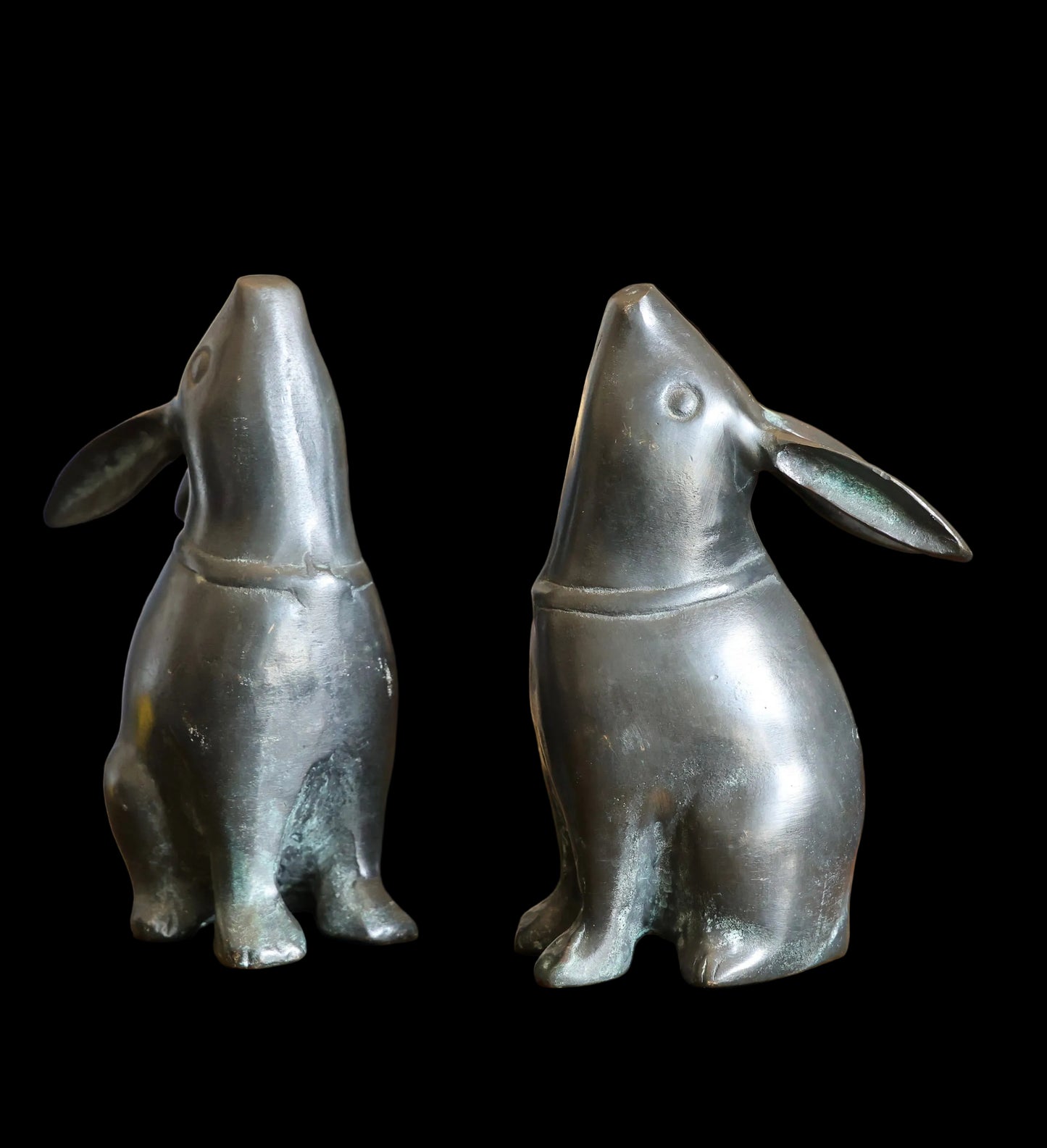 Vintage pair of Bronze Japanese "Moon Gazing" Rabbit sculptures