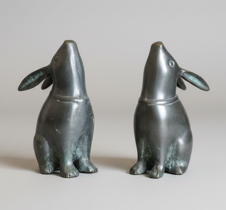 Vintage pair of Bronze Japanese "Moon Gazing" Rabbit sculptures