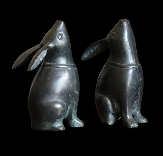 Vintage pair of Bronze Japanese "Moon Gazing" Rabbit sculptures