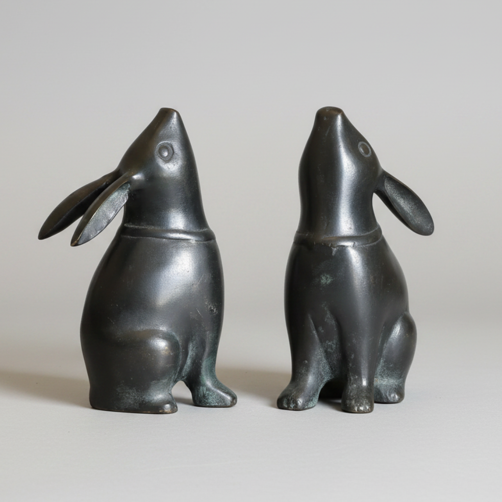 Vintage pair of Bronze Japanese "Moon Gazing" Rabbit sculptures