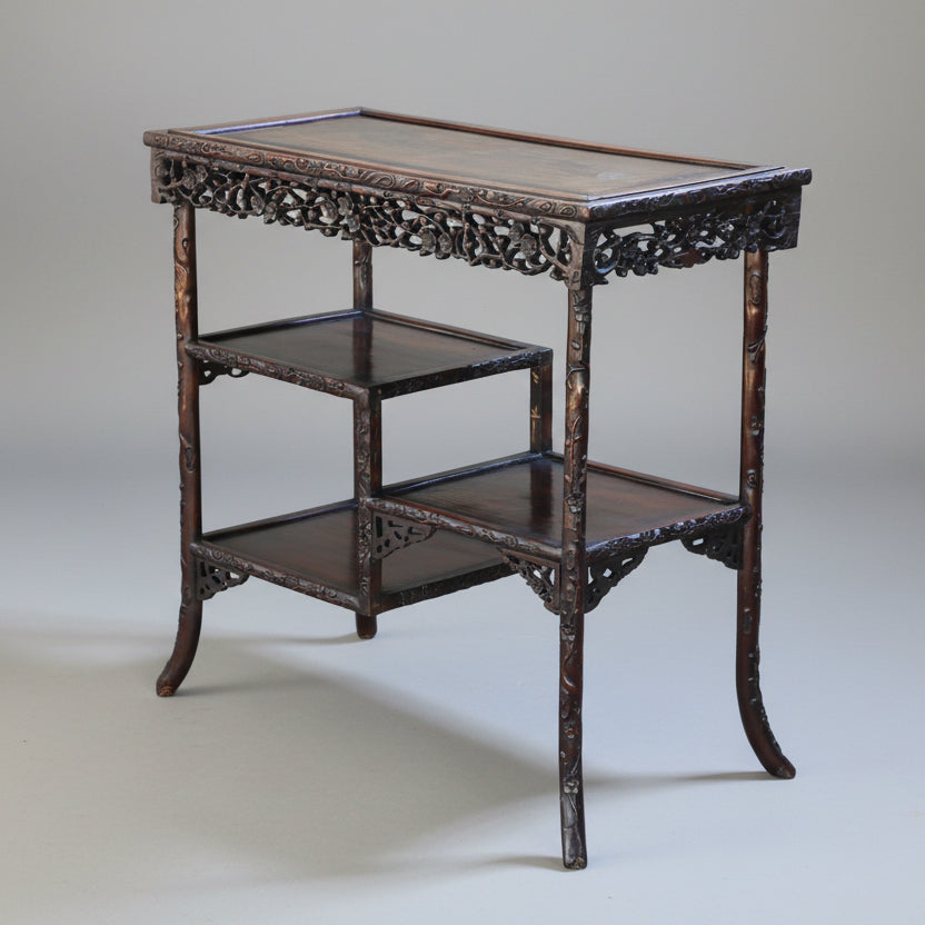 19th Century intricately carved Oriental Rosewood Three Tier Shelf
