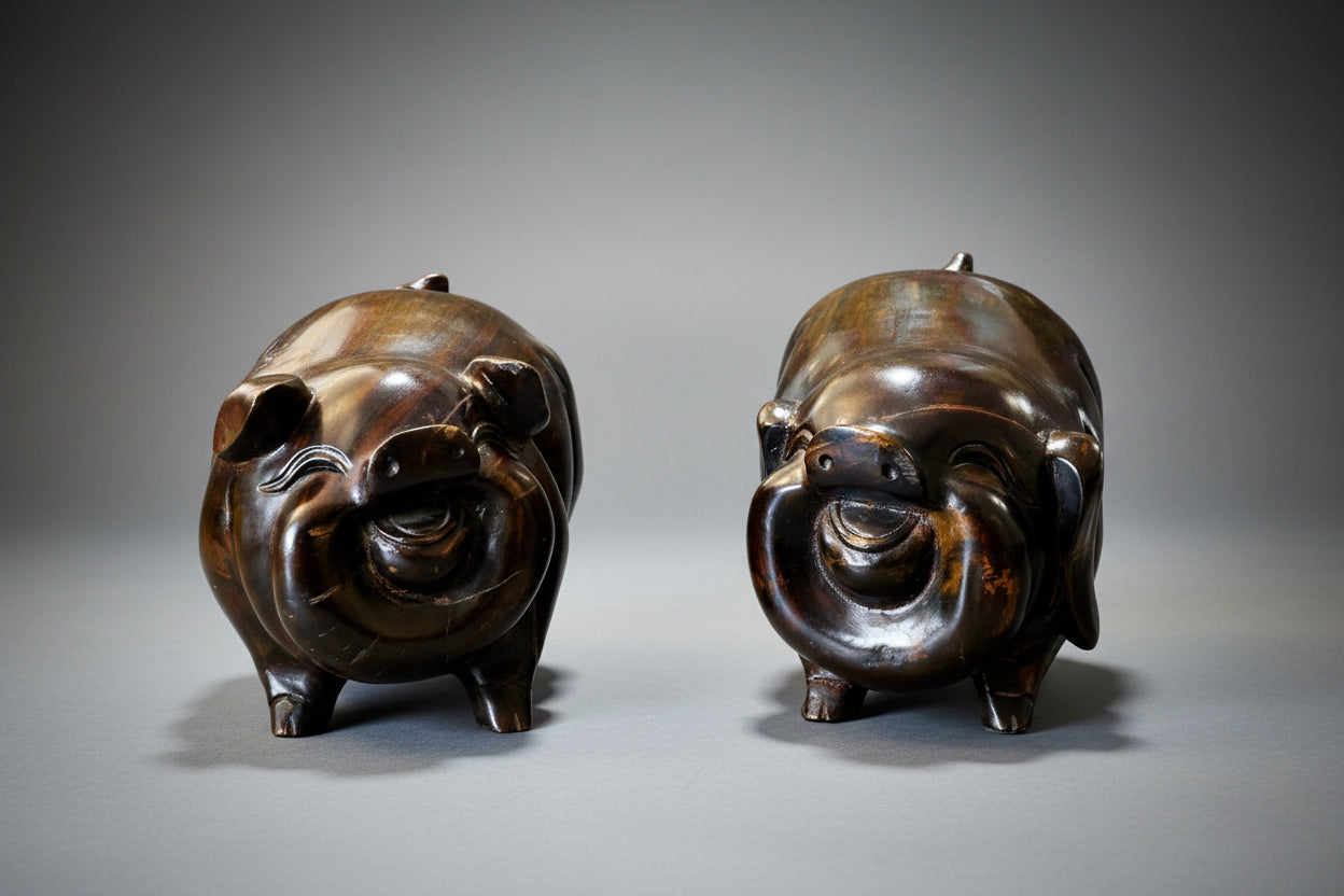 Stunning pair of hand carved wooden Lucky Pigs - SOLD