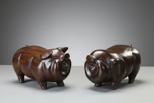 Stunning pair of hand carved wooden Lucky Pigs - SOLD