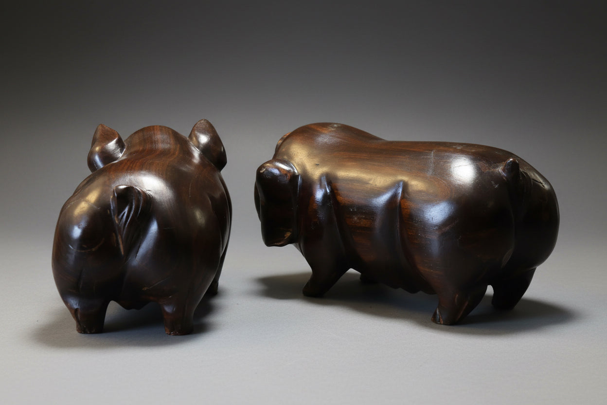 Stunning pair of hand carved wooden Lucky Pigs - SOLD