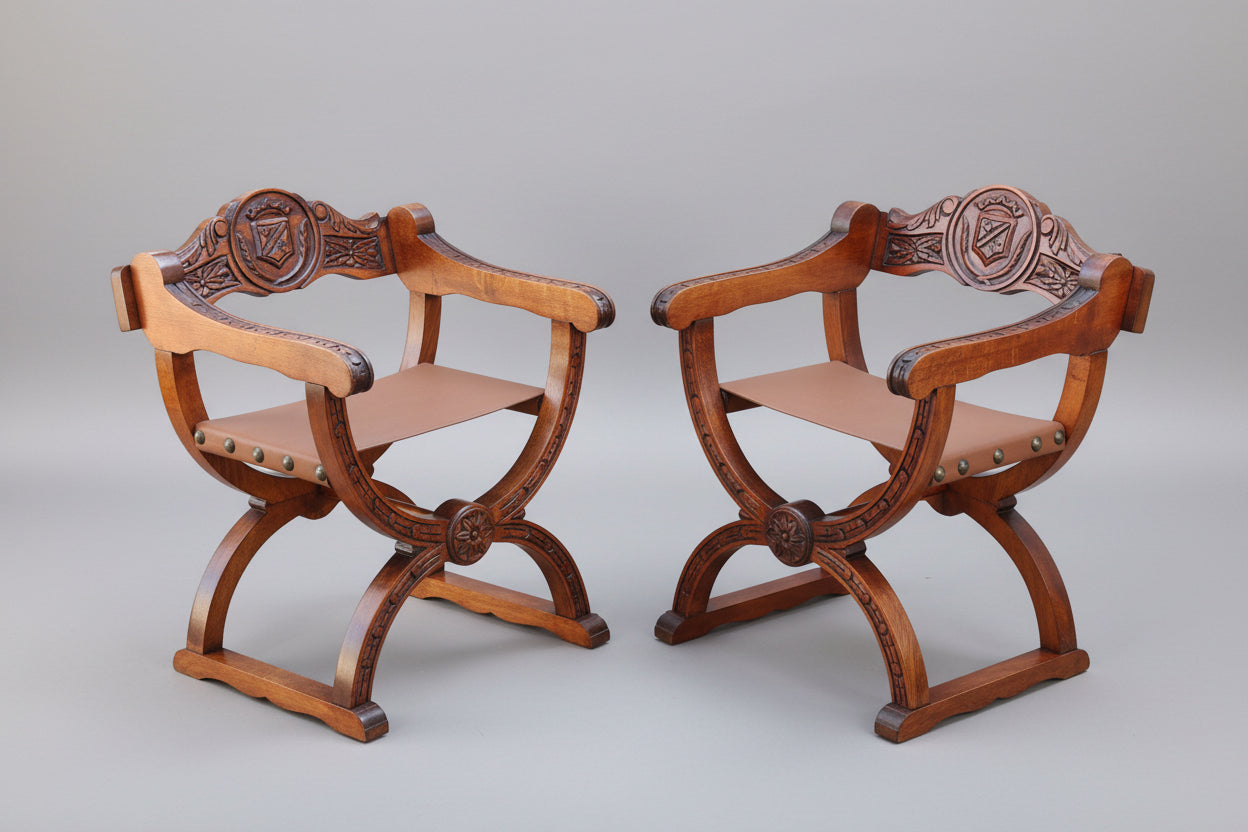 Pair of vintage Renaissance Revival style X-frame Dante or Savonarola Armchairs - SOLD