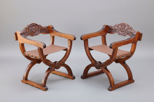 Pair of vintage Renaissance Revival style X-frame Dante or Savonarola Armchairs - SOLD