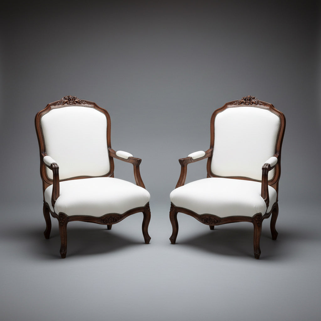 Fine pair of French Louis XV style Fauteuil Armchairs