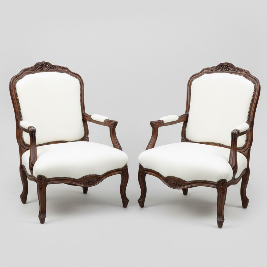 Fine pair of French Louis XV style Fauteuil Armchairs