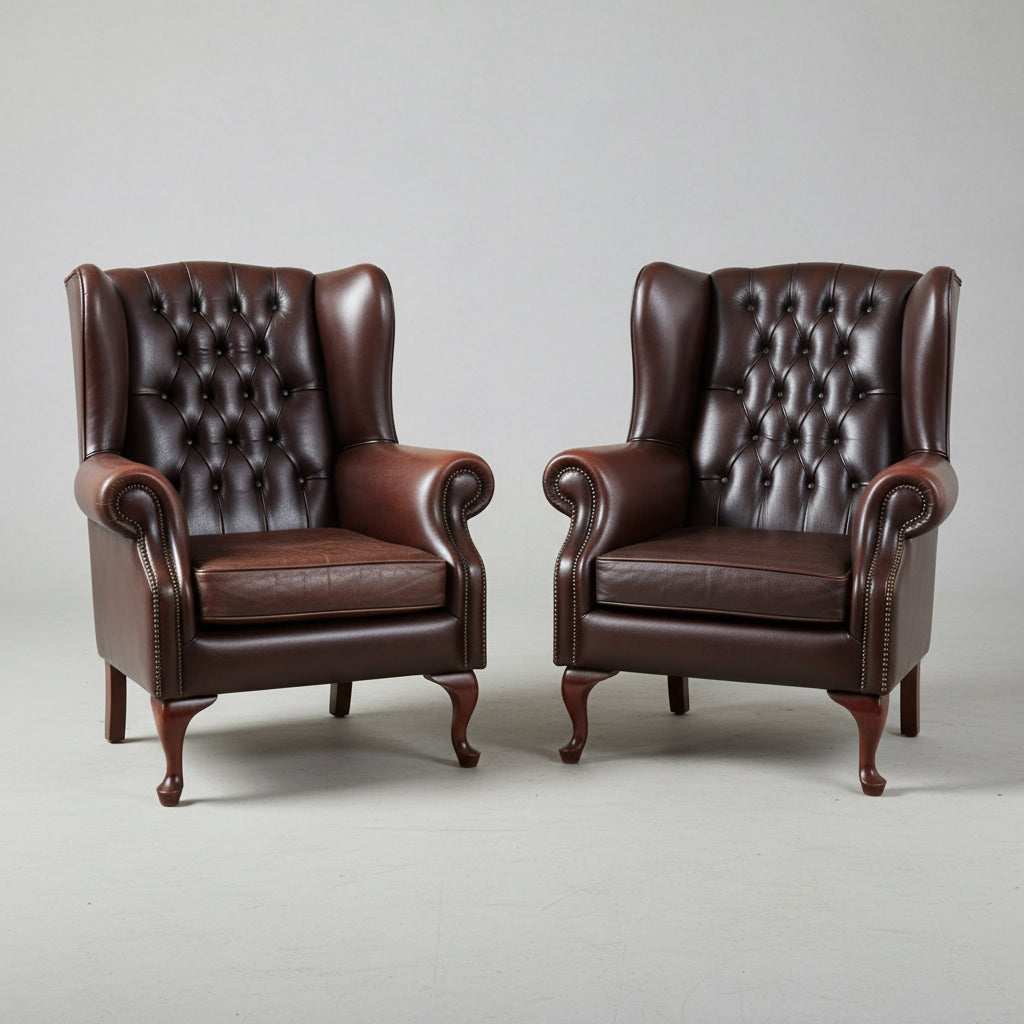 Pair of brown leather chesterfield Wingback Armchairs