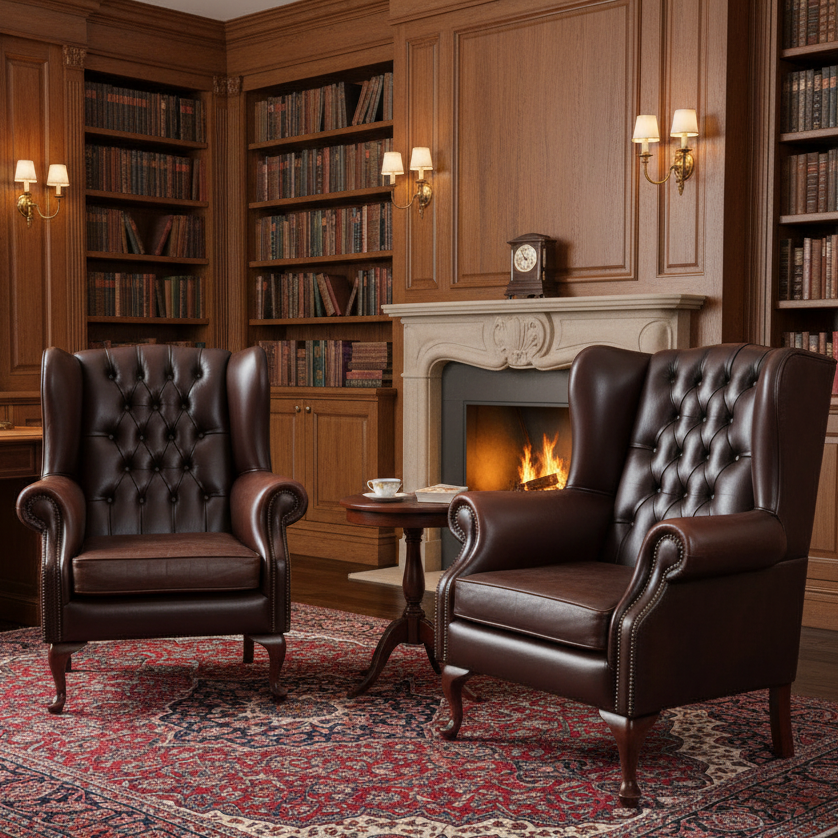 Pair of brown leather chesterfield Wingback Armchairs