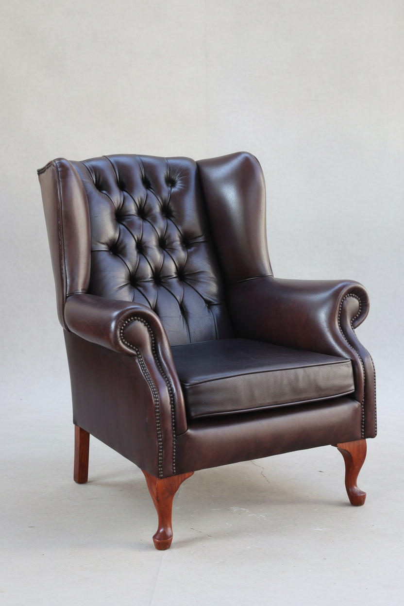 Pair of brown leather chesterfield Wingback Armchairs