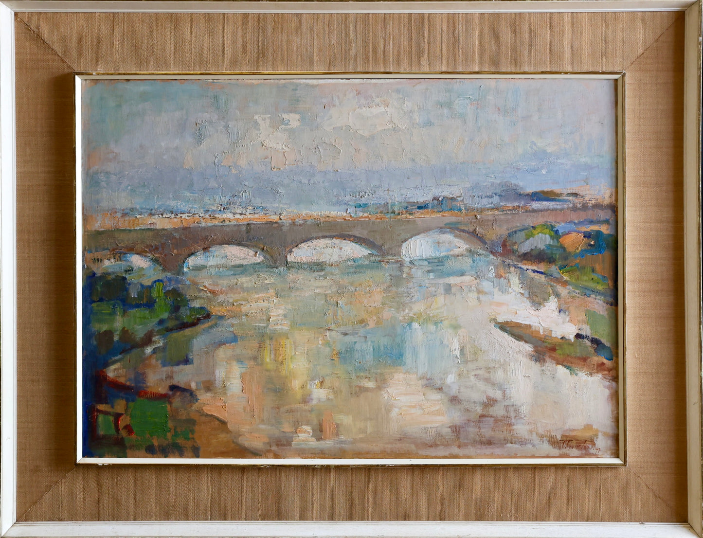 Arched bridge over river - Oil - Signed Eunice Dorothea THURLOW (1925-2007)