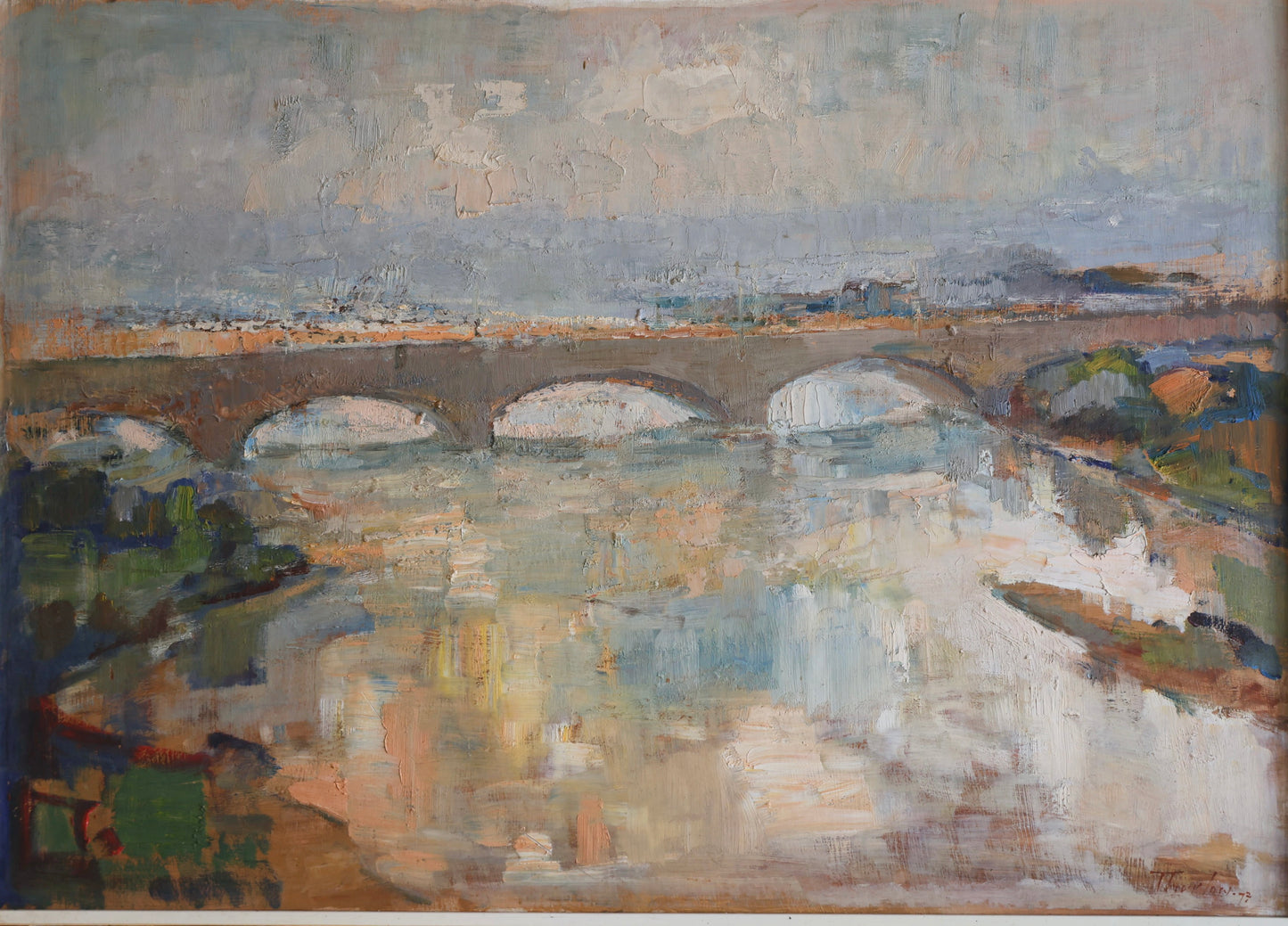 Arched bridge over river - Oil - Signed Eunice Dorothea THURLOW (1925-2007)
