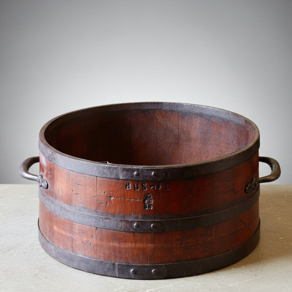 19th Century metal banded teak Bushel Measure