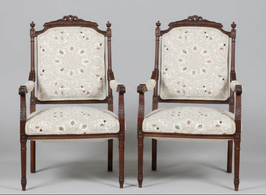 Fine pair of 19th/20th Century carved walnut Louis XVI style Armchairs
