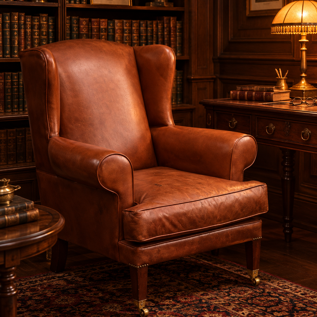 Georgian style tan leather Wingback Armchair