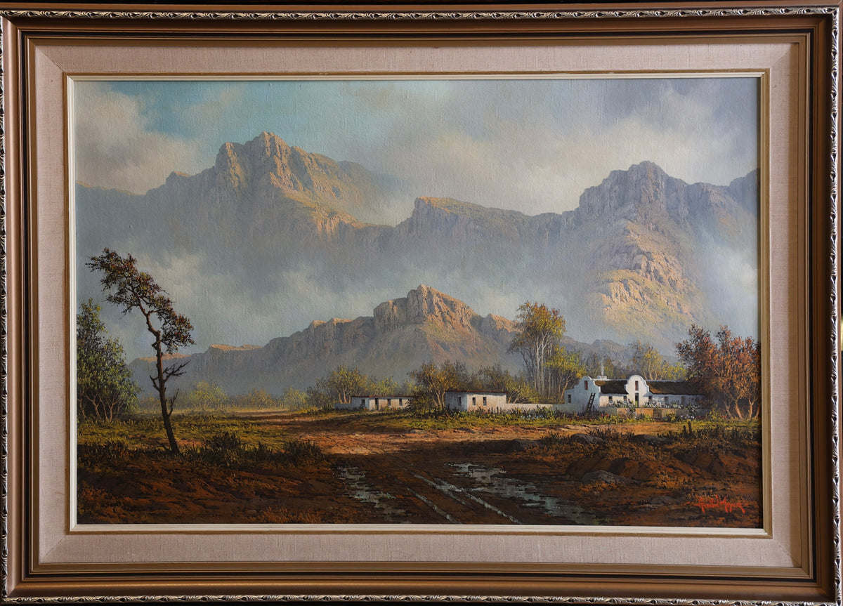 Hentie Meyer - oil on board - Cape landscape with cottages