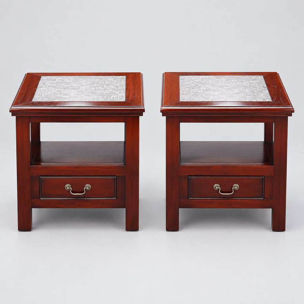 Stunning pair of House & Haven mahogany Side/Lamp Tables with paisley pressed leather top