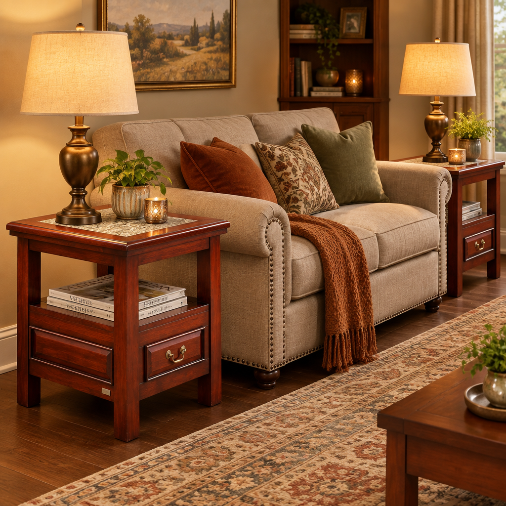 Stunning pair of House & Haven mahogany Side/Lamp Tables with paisley pressed leather top