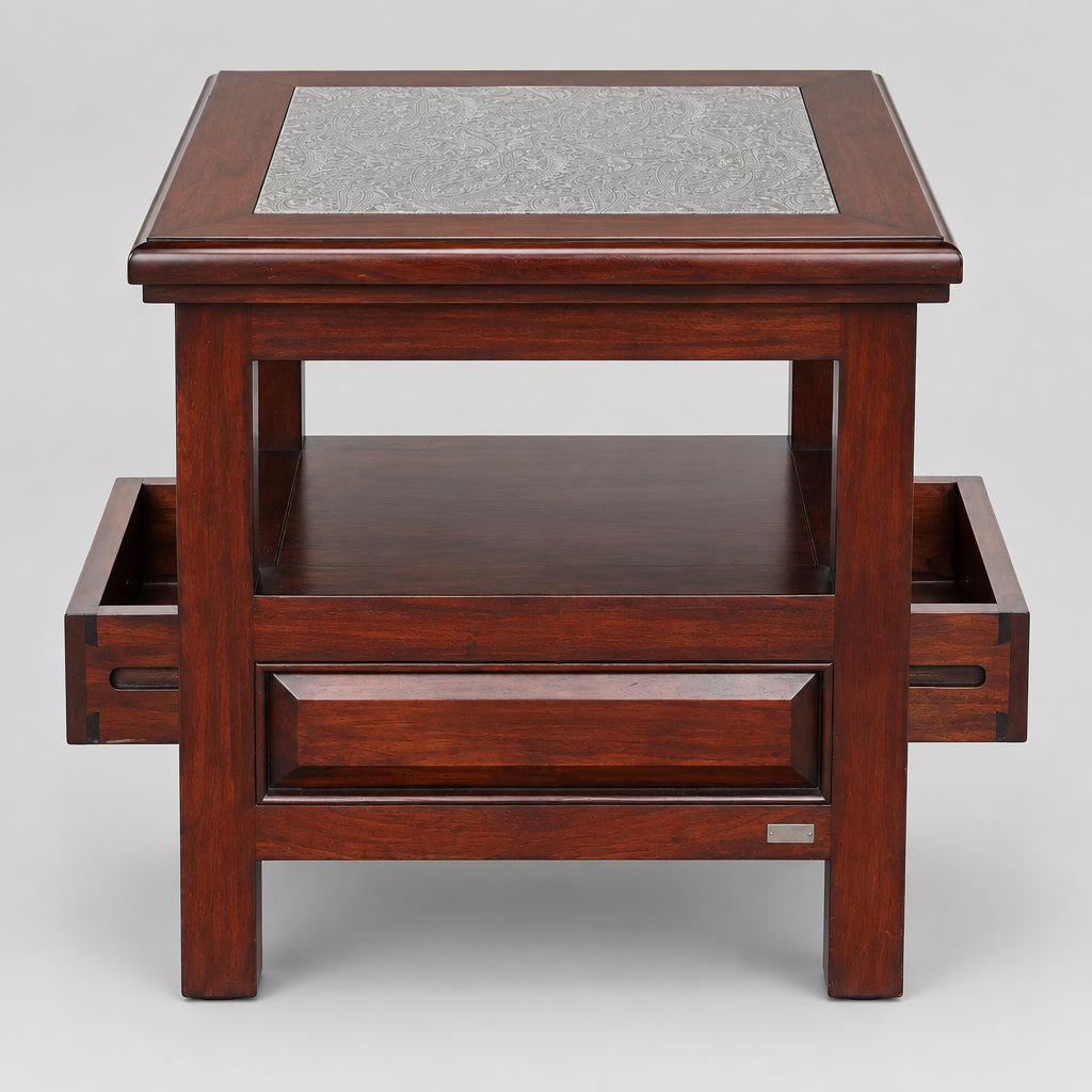 Stunning pair of House & Haven mahogany Side/Lamp Tables with paisley pressed leather top