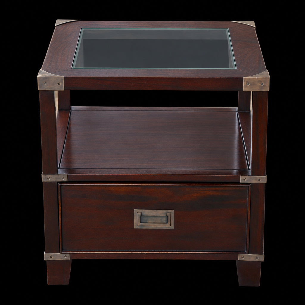 House & Haven Campaign style mahogany and glass Side/Lamp Table